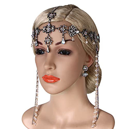 Bridal Headband and Earrings Crystal Jewelry Set Wedding Headpiece for Women Brides Tiara Rhinestone Hair Accessories - color: Black