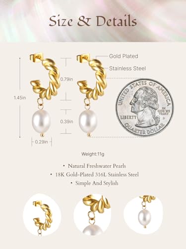 Pearl Earrings VeroSteel Dangle Earrings for Women, Dainty 14k Gold Huggie Hoop Earrings with Pearls, Trendy Pearl Drop Earrings, Stainless Steel Hypoallergenic Stud Earrings For Sensitive Ears - style: Half-Circle Braid