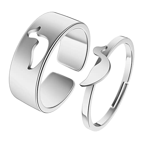 2PCS Matching Cute Animals Promise Engagement Rings for Couples Men Women Jewelry Band Sets 316L Stainless Steel Adjustable Open Ring - color: Duck-s