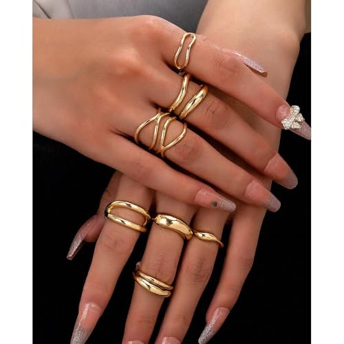 FAXHION 12PCS Gold Stackable Rings Set for Women, 18K Gold Plated Open Stacking Knuckle Ring, Adjustable Chunky Signet Band Statement Ring for Gift - color: 3-Gold Irregular