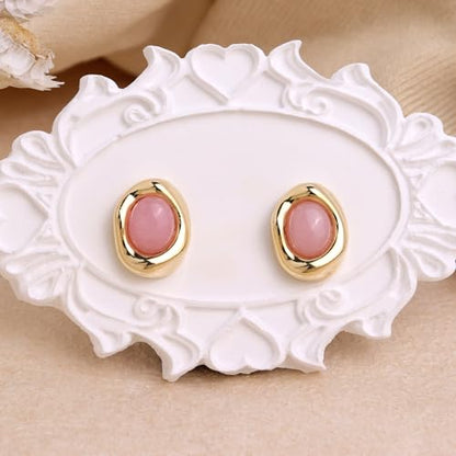 Jean Beau Chunky Gold Stone Stud Earrings for Women, Trendy Natural Gemstone Hypoallergenic Earing Valentine Jewelry Gift - color: Rose Quartz