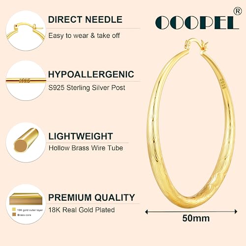 OOOPEL 925 Sterling Silver Hoop for Women Gold Hoop Earrings Hypoallergenic Diamond-Cut Ripples Designed - Non Tarnish Large Hoop Earrings(30/40/50/60/70mm) - color: Gold-50mm