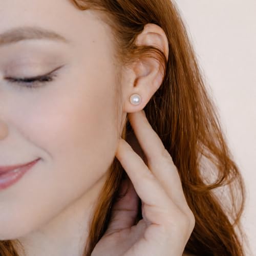 AAA+ Real Freshwater Pearl Stud Earrings, Sterling Silver Hypoallergenic | Hand-Matched White Round Pearls, 925 Silver Posts & Backs, Smooth High-Luster Surface, Soule Pearl Gift Box - color: 14K Gold Plated, size: 7.0-7.5mm