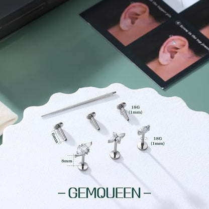 3 Pcs G23 Implant Grade Titanium Flat Back Earrings for Women Men | Hypoallergenic Internally Threaded 5A CZ Gold Flatback Stud, Tragus, Cartilage, Conch Piercing Jewelry for Sensitive Ears 18G - color: Silver 3