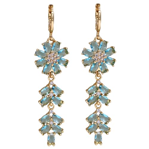 18K Gold Plated Flower Dangle Earrings for Women, Hypoallergenic Cubic Zirconia Earrings, Elegant CZ Drop Earrings, Statement Jewelry Gifts Party Fashion - style: 5297-Flower-Blue