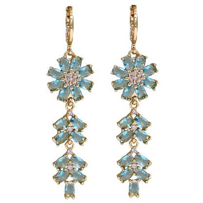 18K Gold Plated Flower Dangle Earrings for Women, Hypoallergenic Cubic Zirconia Earrings, Elegant CZ Drop Earrings, Statement Jewelry Gifts Party Fashion - style: 5297-Flower-Blue