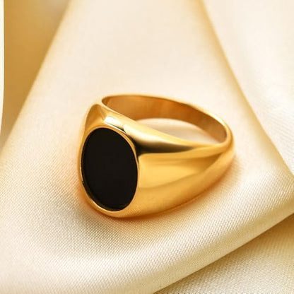 MYNENEY Stainless Steel Round Statement Pinky Signet Rings for Men Women - color: Gold+Black
