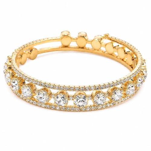 Triple-Row Open Cuff Bracelet for Women with Faux Pearl Center and Crystal-Set Metal Bands, Adjustable Bangle for Wedding and Daily Wear - color: Gold