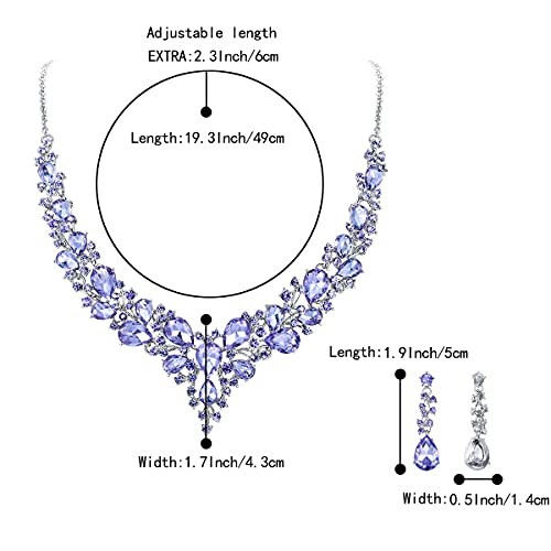 Women's Wedding Statement Necklace Dangle Earring Jewelry | Austrian Crystal Teardrop Cluster,Necklaces Earrings Set for Bride Bridesmaid,Prom Accessories - color: 13-Light Purple Silver-Tone