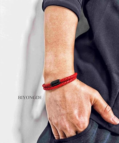 Braided Leather Bracelet，Double Wrap Bracelet with Black Stainless Steel Clasp, Two- way of Wearing as Mens Bracelet or Womens Choker Necklace, Urban and Minimalist Style - color: Red