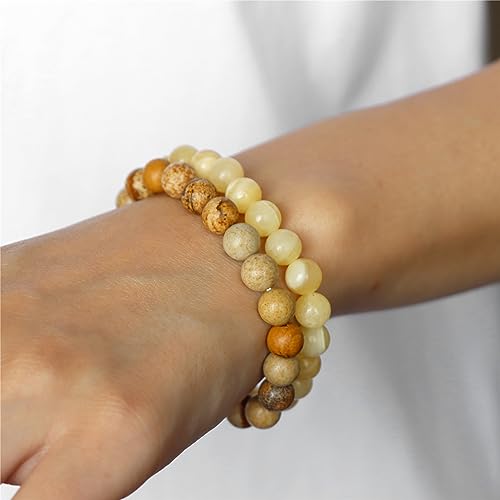 3 PCS Healing Crystal Bracelets for Women 8mm Natural Stone Beaded Stretch Bracelet Amethyst Jewelry Gifts - color: 11 8mm Picture Jasper & Yellow Jade