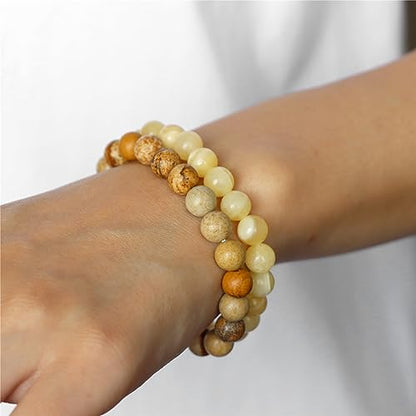 3 PCS Healing Crystal Bracelets for Women 8mm Natural Stone Beaded Stretch Bracelet Amethyst Jewelry Gifts - color: 11 8mm Picture Jasper & Yellow Jade