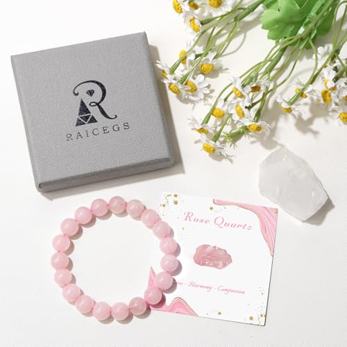Raicegs 4 6 8MM Beaded Bracelets Healing Crystal Bracelet for Women Men Natural Stone Handmade Stretch Bracelet Reiki Spiritual Jewelry - color: Rose Quartz, size: 10mm