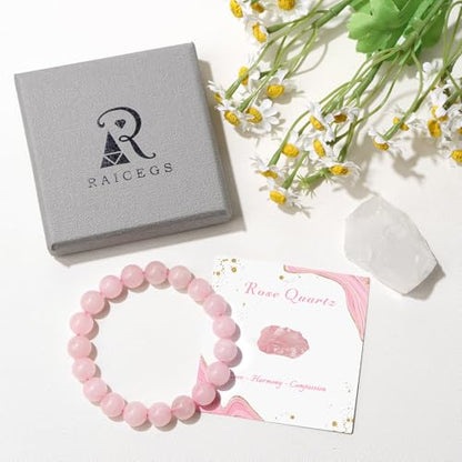 Raicegs 4 6 8MM Beaded Bracelets Healing Crystal Bracelet for Women Men Natural Stone Handmade Stretch Bracelet Reiki Spiritual Jewelry - color: Rose Quartz, size: 10mm
