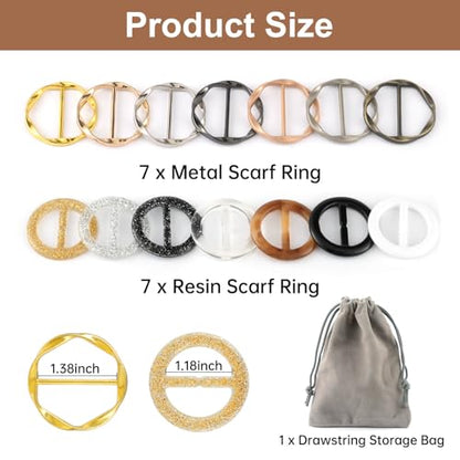 14 PCS Silk Scarf Ring Clip, T-shirt Ties Clips Clothes Corner Knotted Button for Women Shirt Waist Cincher Clips Tightener, Women Fashion Metal Round Circle Shirt Clip with 1 Storage Bag