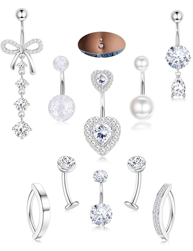JeryWe Hypoallergenic Belly Button Ring Surgical Stainless Steel - Dainty Dangle Navel Piercing Jewelry CZ Bow Heart Ball Pearl Clicker Piercings for Women - color: White