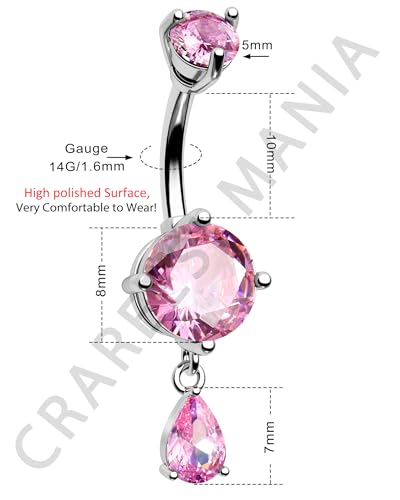 Belly Button Ring Dangle Belly Rings 316L Surgical Steel Belly Button Piercing Jewelry Teardrop Navel Ring for Women - color: Silver-PKCZ-10mm