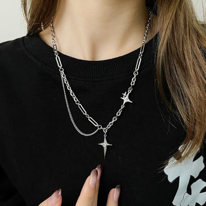 Gothic Cross Star Necklace For Men Women Silver Stainless Steel Cuban Link Paperclip Figaro Bead Chain Punk Kpop Y2k Goth Irregular Layered Cross Pendant Necklace Non Tarnish Jewelry Gift - color: Silver G