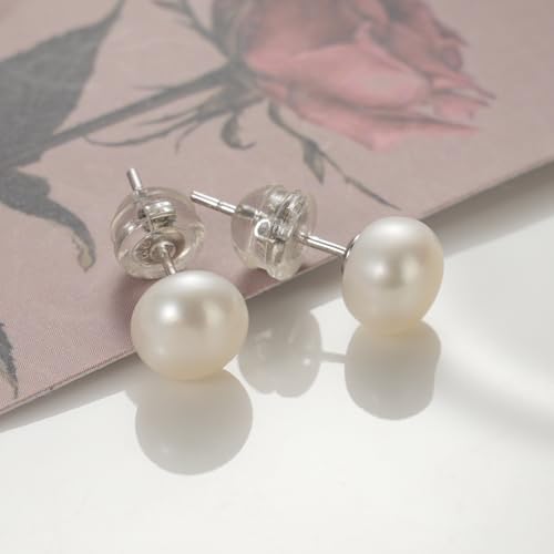 Valentine Gifts for Women Teen Girls Small Pearl Earrings,Handpicked Freshwater Pearl 6~10mm,Sterling Silver Stud Hypoallergenic Earrings For Women