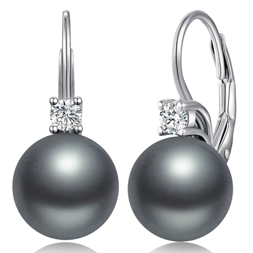 925 Sterling Silver Pearl Leverback Earrings for Women Cubic Zirconia Pearl Jewelry 10MM - color: A: Leverback-Dark Gray
