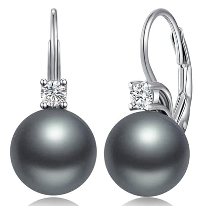 925 Sterling Silver Pearl Leverback Earrings for Women Cubic Zirconia Pearl Jewelry 10MM - color: A: Leverback-Dark Gray