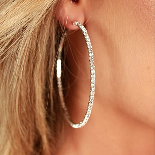 925 Sterling Silver Earrings Large Rhinestone Hoop Earrings Big Cubic Zirconia Hoop Earrings Thin Rhinestones Round Hoop Earrings for Women 20/30/40/50/60/70mm Sparkly Hoops With Crystals for Womens - color: Silver,50mm