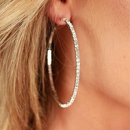 925 Sterling Silver Earrings Large Rhinestone Hoop Earrings Big Cubic Zirconia Hoop Earrings Thin Rhinestones Round Hoop Earrings for Women 20/30/40/50/60/70mm Sparkly Hoops With Crystals for Womens - color: Silver,50mm