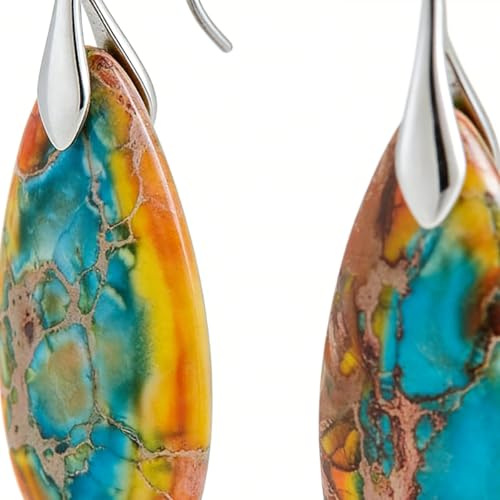 Boho Natural Imperial Jasper Teardrop Dangle Earrings for Women – Hypoallergenic French Hook Stone Drop Earrings Jewelry - color: Yellow Green Silvery Hook