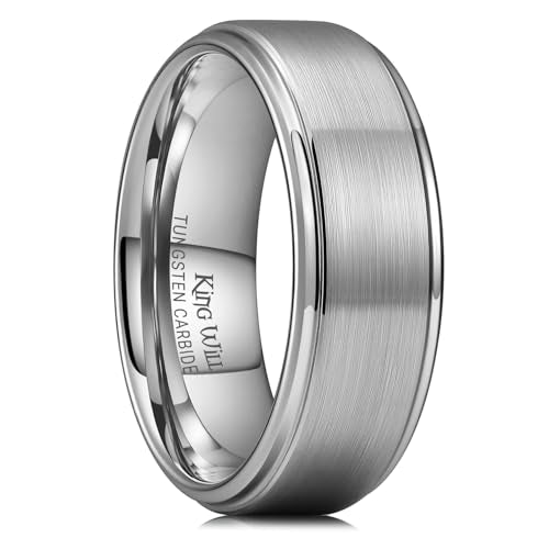King Will Classic Tungsten Wedding Band for Men, 6/7/8/9/10mm Widths, Polished Finish Step Edge Matte Rings Comfort Fit - color: A-silver 8mm-New