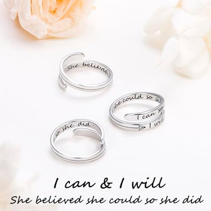 Ladytree Adjustable Inspirational Rings 925 Sterling Silver Stacking Wrap Spiral Twist Statement Band Encouragement Birthday Gift for Women Men - style: She believed she could so she did ，I can I will