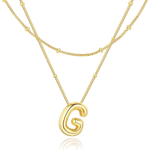 Bubble Letter Necklace for Women, 14k Gold Plated Initial Letter Pendant Necklace Personalized Jewelry A - Z 26 letters - style: Gold-G