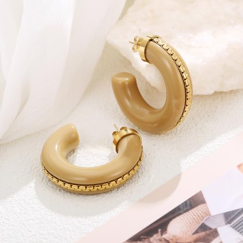Gold Plated Resin Chunky Hoop Earrings Hypoallergenic Push Back Hoops for Sensitive Ears - color: Beige