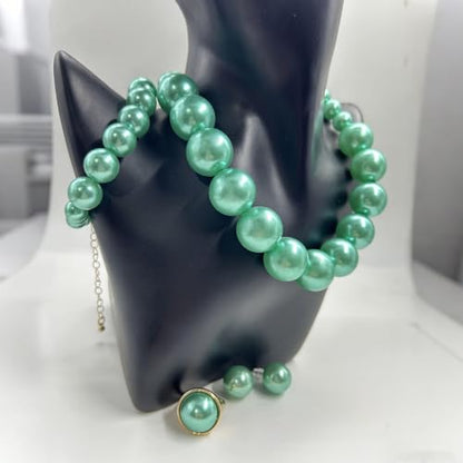 White Faux Pearl Necklace and Earrings Set Big Large Pearl Bead Ball Beaded Choker Necklace Black Pink Pearls Statement Bracelet Ring for Women - color: blue