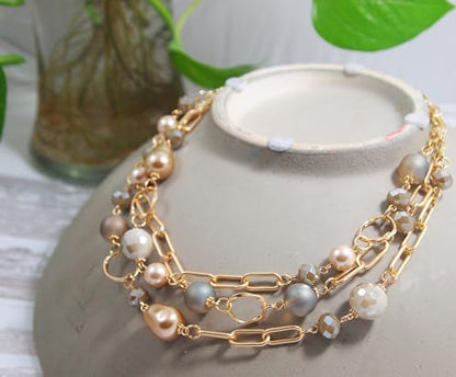 Multi Strand layered Frosted Multi Layer Mother of Pearl Statement Chunky Pastel Pearl Necklace June Birthday Gift - style: gold-filled