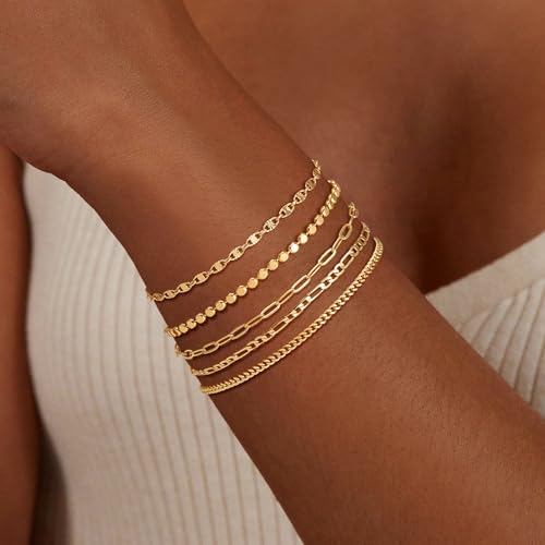 Cuzmly Bracelets for Women, Waterproof 14K Gold/Silver Plated Stackable Bracelets for Women Non Tarnish Trendy Dainty Paperclip Figaro Box Herringbone Hand Chain Bracelet Pack Stack Adjustable Jewelry for Women - style: 5 Dot