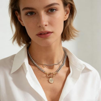 Gold Layered Necklace for Women Chunky Stacked Chain Link Paperclip Evil Eye Necklace Trendy Punk Jewelry - color: Silver A