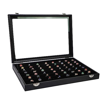 Wudygirl Ring Holder Leather Jewelry Tray with Lid 13.7"x9.4" Black | 7 Slot Ring Organizer with Velvet Liner, Ideal for Jewelry Storage, Dresser Drawer or Gift, Dustproof Design - style: 7 Slot Ring Tray