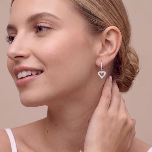 SLUYNZ 925 Sterling Silver CZ Sweet Love Hoop Earrings for Women Teens Hollow Heart Huggie Earrings Drop - color: A-SILVER