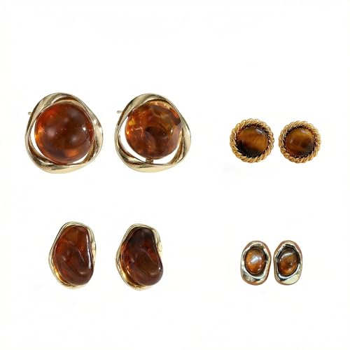 Brown Gold Earrings for Women, Resin Tiger Eye Stud Earrings Set, Chunky Translucent Hypoallergenic Vintage Fashion Jewelry Gifts - color: 6 Pairs Brown-2