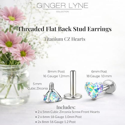 Titanium Heart CZ Labret Stud Earrings for Piercings by Ginger Lyne 6Pc Set G23 Screw Front Flat Back Body Jewelry 2 pair post 6mm, 8mm Cartilage, Helix, Tragus, Lip, Conch, Lobe - color: 5mm-AuroraBorealis