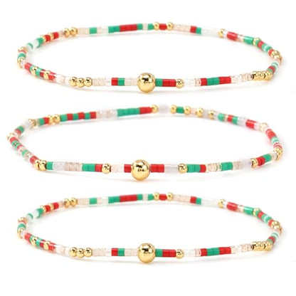 Colorful Gold Beaded Bracelets for Women Boho Tiny Gold Plated Ball Stretch Stackable Small Seed Beads Bracelet Stack Trendy Jewelry Set Dainty Vacation Friendship Christmas Gifts for Women - color: red green