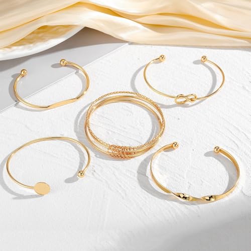Gold Bangle Bracelets for Women, 14k Gold Plated Multi Layer Textured Stackable Open Bracelet Set Boho Indian Bangles Stackable Set Trendy Elegance Charms Non Tarnish Minimalist Bangle Pack - style: Gold 5Pcs