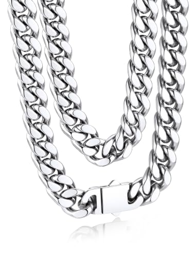 Bandmax Men's Premium Solid Stainless Steel Miami Cuban Link Chain Necklace | Waterproof Tarnish Resistant Chain, Silver Finish/Gold/Black Plated, Easy-open Clasp, 5/7/9/12MM, 18-30 Inches, With Gift Box - color: 07 9MM-Silver Tone, size: 30 Inch (76cm, S