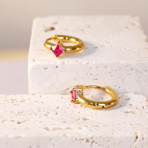 316L Surgical Steel Birthstone Hoop Earrings for Women | Lightweight, 5A Cubic Zirconia, Hypoallergenic, Lead & Nickel Free, 8mm Huggie Hoops - color: 18k gold-plated: 07. July (Ruby)