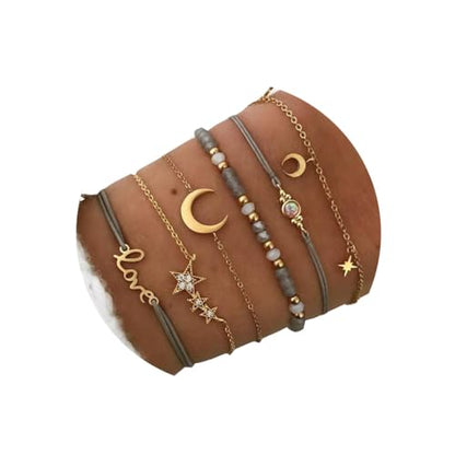 Aluinn Boho Layered Charm Bracelet Set Gold Moon Star Jewelry | Stackable bracelet set with moon and star charms, adjustable fit and style for beach trips, vacations and everyday outfits