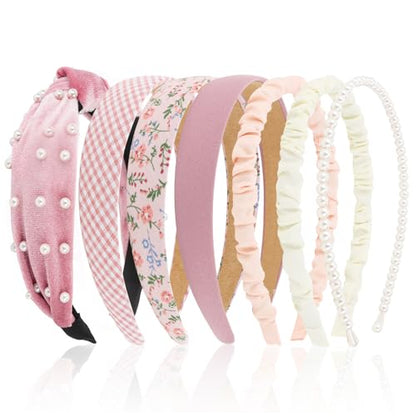7 Pack Pink Headband for Women Girls Cute Headbands for Women Non Slip Pearl Beads Knotted Pink Head Bands Cute Accessories - color: Pink