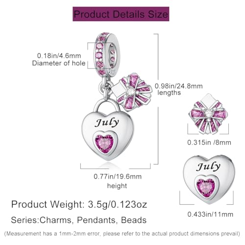 HappyStar 925 Sterling Silver Happy Birthday Bead Charm Love Heart Shape Birthstone Charms for Bracelets Dangle Pendant with 5A Cubic Zirconia Compatible Pandora Bracelets Jewelry Gift for Women - color: 7-July Birthstone Charms
