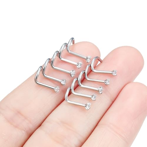 Hoeudjo Nose Studs Surgical Steel Cubic Zirconia Nose Rings Kit for Women Men Tiny Nose Stud Bone & Screw & L Shaped Nostril Piercing Jewelry 24/22/20/18 Gauge 10 Pieces - color: silver-tone,screw nose studs, size: 18g/2mm clear CZ