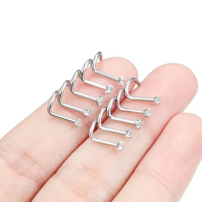 Hoeudjo Nose Studs Surgical Steel Cubic Zirconia Nose Rings Kit for Women Men Tiny Nose Stud Bone & Screw & L Shaped Nostril Piercing Jewelry 24/22/20/18 Gauge 10 Pieces - color: silver-tone,screw nose studs, size: 18g/2mm clear CZ