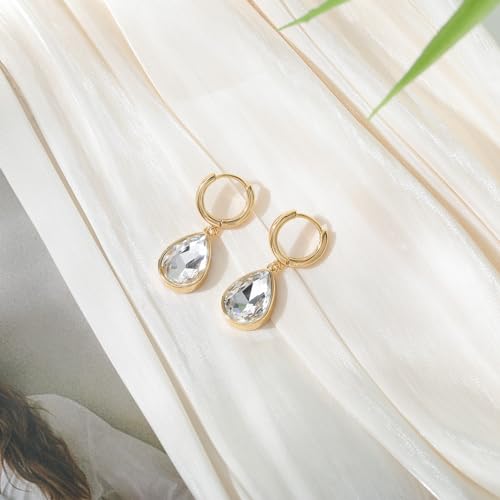 Crystals Teardrop Dangle Drop Earrings, 18K Gold Plated Hoop Earrings Zirconia Jewelry for Women Gifts - color: White